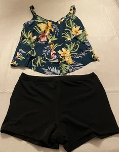 Avenue Floral Tiered Tankini Top + Black Swim Shorts Set – Size 14 NWT - Picture 1 of 4