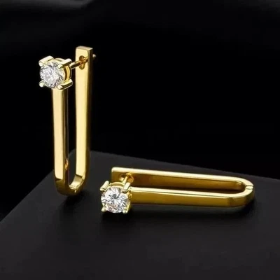Pendientes Huggie/Aro Diamantes Simulados Corte Redondo 1.5 Ct Chapados en Oro Amarillo 14K Foto 1 de 4