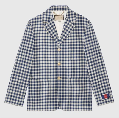 Talla 48 M - Chaqueta Gucci Gingham Algodón Lino Cuadros Blanco Azul Foto 1 de 4