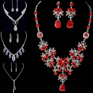 Set Jewellery Fashion Bridal Crystal Necklace Earrings Women Wedding Rhinestone - Picture 1 of 25