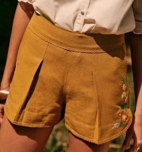 Sezane Linen Shorts 12 40 Embroidered Floral High Waisted RARE Hotpants Bohemian - Picture 1 of 12