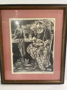 Moishe Jakov Lithographie Judaica 26,5x22,5" alter jüdischer Schneider mit Kätzchen - Bild 1 von 9