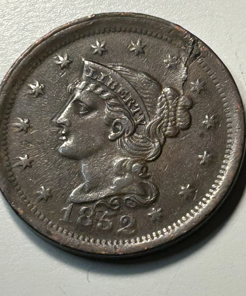 Jido “Jack”s 1852 double cracked die error almost uncirculated large 1c Story p5 - Image 1 of 4