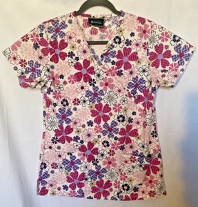 Bonita Scrub Top Sz S Pink Floral Print Nurse Medical Shirt - Picture 1 of 6
