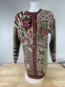Vtg 1993 Susan Bristol Patchwork Floral Appliqué Wool Cardigan Sweater Button Sm - Picture 1 of 8