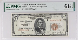 1929 $5 Federal Reserve Note Kansas City FR #1850-J - MS-66 EPQ PMG Certified - Picture 1 of 2