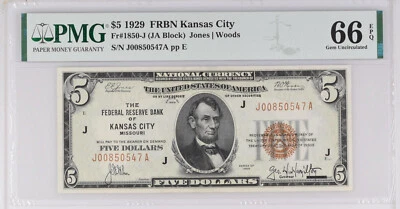 1929 $5 Federal Reserve Note Kansas City FR #1850-J -  MS-66 EPQ PMG Certified - Image 1 of 2