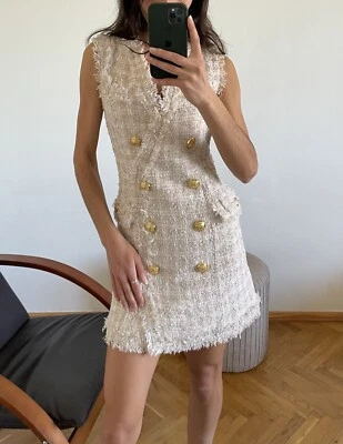 4k Gorgeous Authentic Balmain Gold Logo Buttons Beige Tweed Mini Dress Size 34 - Image 1 of 4