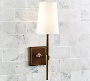Pottery Barn Pearson 18" Wall Sconce in Warm Bronze w/White Linen Shade - Picture 1 of 23