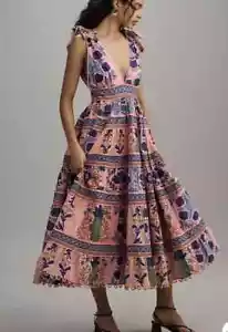 Abito midi rosa Farm Rio nuovo Anthropologie arazzo conchiglia taglia L nuovo con etichette - Foto 1 di 4