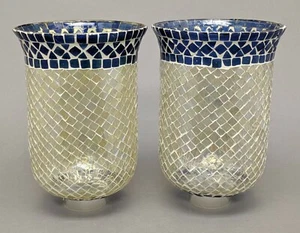 Glass Hurricane Shades Blue Mosaic Border for Candle Holders 6"Dia 10"Tall Set/2 - Picture 1 of 5