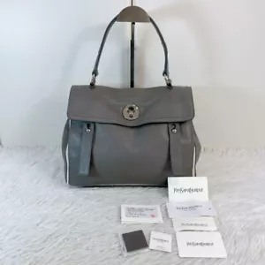 Yves Saint Laurent YSL Muse Two Leder Schultertasche Handtasche Grau Silber - Bild 1 von 14