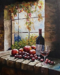 Original Hand Paint Oil Painting on the Canvas Panel "Window and Grape" 16x20" - Picture 1 of 2