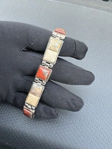 Jasper Silver Tone Bracelet Square Links Red Brown Tan Toggle Close Bohemian - Bild 1 von 5