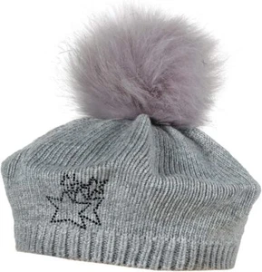 maximo Mädchen Mütze mit Strass und Kunstfellpompon Grau/Graumeliert 51/53 - Bild 1 von 2