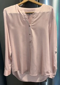 Adrianna Papell M BEIGE BLOUSE Soft Easy Wear Low V Cut Long roll Tab Sleeves M - Picture 1 of 12