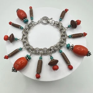 Southwestern 925 Sterling Silber echte rote Koralle Türkis Bettelarmband - Bild 1 von 9