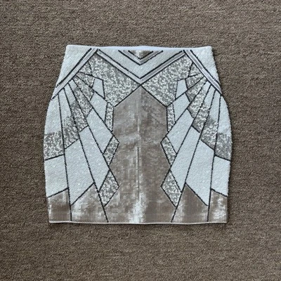 NWT Express $70 High Waisted Sequin Mini Skirt White Silver Geometric Women’s XS - Image 1 of 4