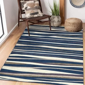 Geometric 4x6 Blue Area Rug, Modern Striped Washable Non-Slip Low Pile Indoor... - Picture 1 of 7