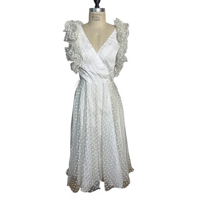Vintage 80s Lace Polka Dot & Ruffle Party Dres in White Size Medium - Image 1 of 4