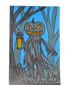 Pintura Acrílica Halloween Calabaza Malvada en Madera Arte Original - Imagen 1 de 3