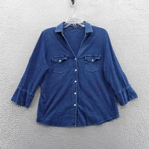J McLaughlin Button Up Knit Denim Shirt Large Blue Womens 3/4 Sleeve Casual - Picture 1 of 11