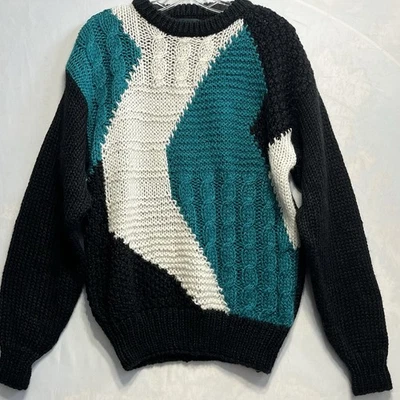 Vintage  J T Becket Sweater Men's  Black Cream Teal Color Block Chunky Warm Sz L - Image 1 of 4