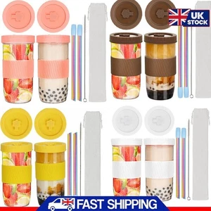 2Pack Boba Cup Bubble Tea Cup 24Oz Wide Mouth Smoothie Cups with Lid & Straws UK - Picture 1 of 19