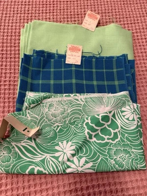 VTG Green Blue Cotton Blend Fabric Lot - Three Fabrics - 45” Wide  - Image 1 of 4