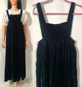 Vintage 1970s Green Velvet Pinafore Maxi Dress Size S - Picture 1 of 10