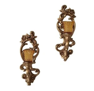 Homco Scroll Wall Sconce Candle Holder Ornate Gold Floral Amber Diamond Point - Picture 1 of 9