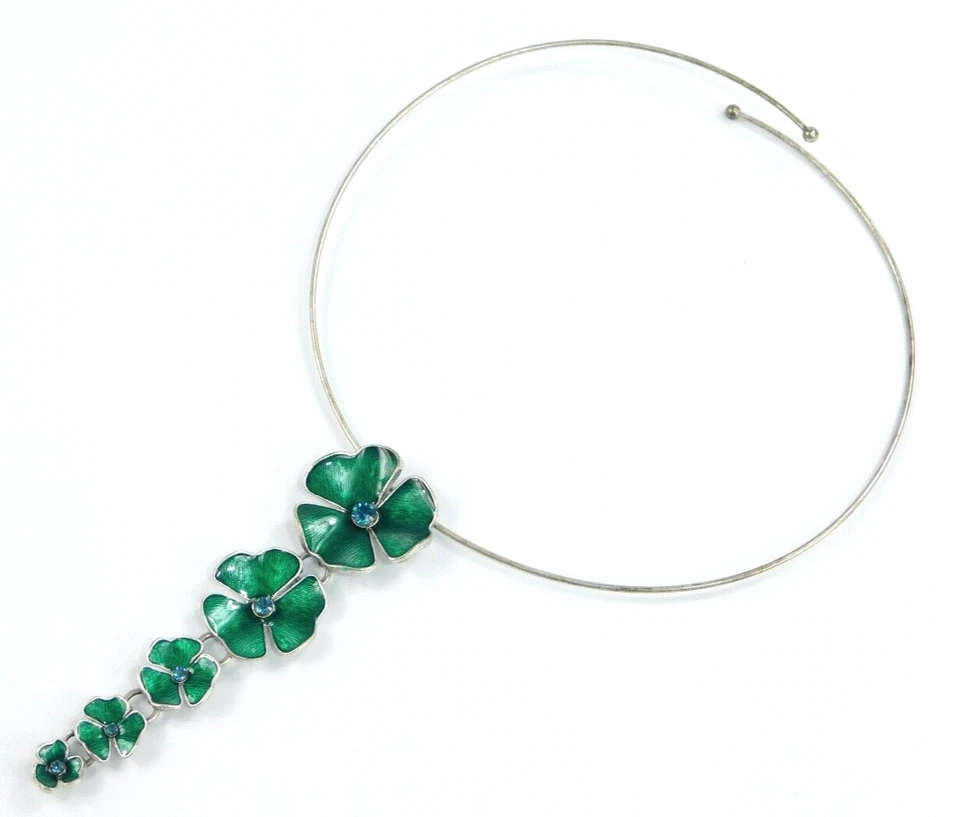 Collar Colgante Flor Esmalte Verde Colgante Tono Plata Peregrino Cristal Foto 1 de 4