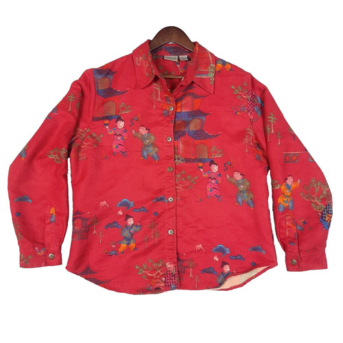 Chicos Button Up Women's 2 Red Japanese Chinoiserie Print Faux Suede