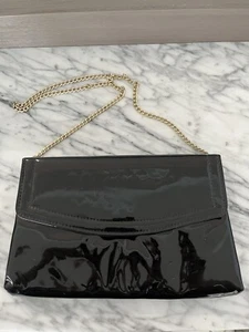 HL Black Patent Leather Evening Bag Clutch Purse Gold Chain Vtg 70s 80s USA - Picture 1 of 8