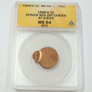 1968-D ANACS MS 64 RD RED MINT ERROR 90% OFF CENTER Lincoln Cent 1c US #45395A - Picture 1 of 2