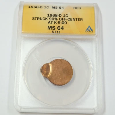 1968-D ANACS MS 64 RD RED MINT ERROR 90% OFF CENTER Lincoln Cent 1c US #45395A - Image 1 of 2