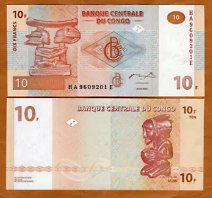 Congo D. R. 10 Francs, 2003, P-93, UNC Obsolete Denomination, carved figurines - Picture 1 of 1