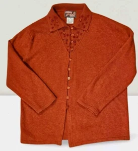April Cornell Embroidered And Beaded Burnt Orange Lambs Wool Cardigan Small - Picture 1 of 5