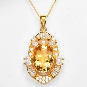 925 STERLING SILVER PENDANT YELLOW CITRINE GEMSTONE OVAL & WHITE CZ GEMSTONE - Foto 1 di 8