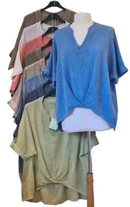 Ladies Italian Lagenlook V Neck Hi Low Ruched Washed Linen Mix Top One Size - Picture 1 of 52