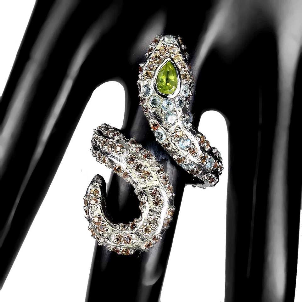 925 Sterling Silver Ring Pear Peridot Sapphire Aquamarine Gemstone Jewelry Sz 8 - Image 1 of 4