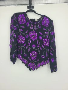 Vintage Lawrence Kazar Sequin Beaded Silk Blouse Xl Purple Roses Retro 1990s - Picture 1 of 16