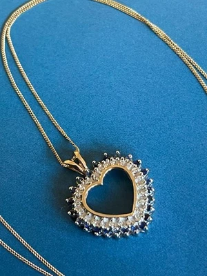 Diamond Sapphire Heart Necklace in 9ct  Yellow Gold - Image 1 of 4