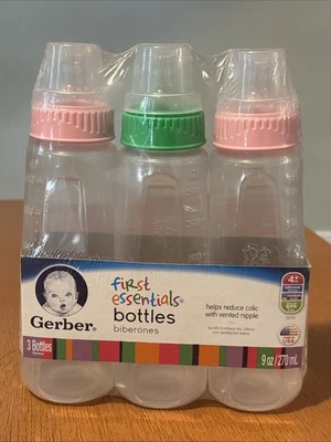 Mamadeiras Gerber First Essentials 3 9 oz transparentes com anéis de mamilos novas - Imagem 1 de 3
