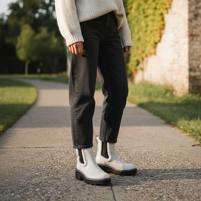 Calvin Klein Anissa Shearling Platform Chelsea Boots Women 7M Ivory Trendy Chic - Image 1 of 4