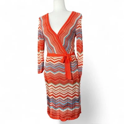 Trina Turk Chevron Knit Wrap Dress Belt Orange Blue V-Neck Long Sleeve ZigZag 0 - Image 1 of 4