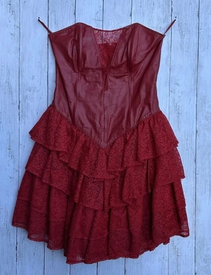 Vintage CHI Dress Womens 10 Red Leather Lace Ruffle Strapless Party Prom 80s - image 1 of 4