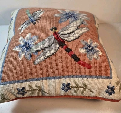 Needlepoint Throw Pillow Dragonfly Flowers 11" Square Coral Multicolor Vtg - Image 1 of 4
