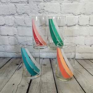 4 Libbey Wavy Banner Flag Tumblers Set Vintage Green Orange Pink Glasses - Picture 1 of 15