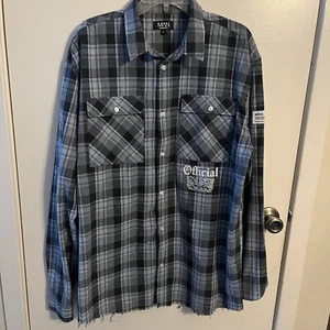 Boohoo Man Brand Graphic Blue/Gray Plaid Long Sleeve Button Up Shirt Size Large - Picture 1 of 8